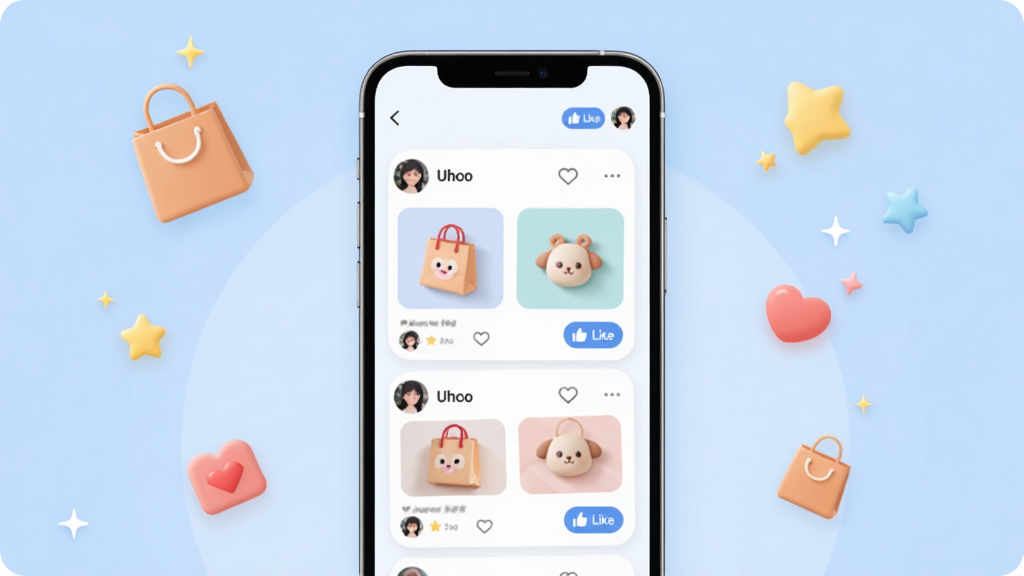 ��Ȥϲ��App������չʾ���ֻ���Ļ���з��ã���Ļ����ʾ�������������Ϣ����������Ʒ��Ƭ���û�ͷ��͵��ް�ť������Ϊǳ��ɫ���䣬��Χ��׺�Ź���������ǺͰ���Сͼ�꣬���岼�ּ������������ִ���ƽ����ϸ��Բ����ͣ����ʸɾ��������޶���Ԫ��