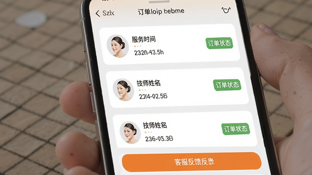 e������������������ҳ�棬�ֻ���Ļ����ʾ�����б���ÿ��������Ƭ�м�ʦ����������ʱ�䡢����״̬��ǩ���ײ��пͷ�������ť�������Ű����룬��ɫ��ǳ�Һͳ�ɫ��׺Ϊ��������ƽ���������������޶���Ԫ�ء�