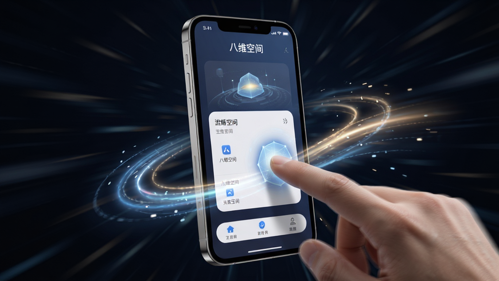 ��ά�ռ�App��������������ͼ������������һ���ֻ�����Ļ��չʾ�Ű�ά�ռ�App��ҳ���л���������ָ������Ļ�ϻ�������Ļ��Χ�б�ʾ�ٶȵ������͹�Ч���������ֻ����У���Χ�ж�̬ģ��Ч��������ǿƼ����У�ϸ�����ֻ��߿��н������󣬱�������ɫ�����ʸ��壬�ɾ����޶���Ԫ�ء�