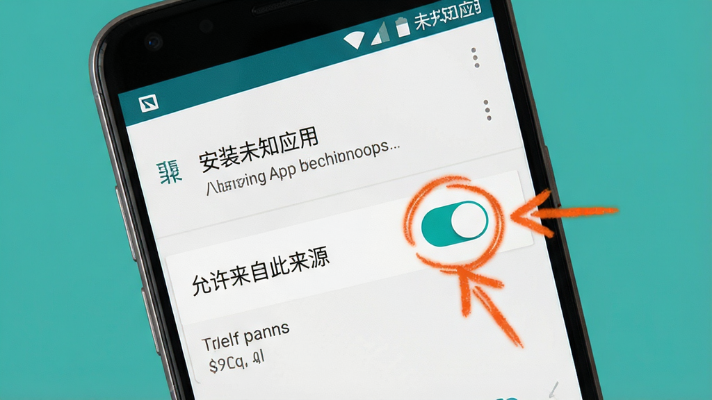 ��ά�ռ�App���ֻ��ϵİ�װȨ������ʾ��ͼ������������һ����׿�ֻ�����Ļ����ʾ�š���װδ֪Ӧ�á������ý��棬������ע�ˡ��������Դ���Դ���Ŀ��ذ�ť���������ֻ�������д������ǽ̳�ͼ�⣬ϸ���Ͽ��ذ�ť��Ȧ�����Ա��м�ͷָʾ�������Ǵ�ɫ�������������ɾ����޶���Ԫ�ء�