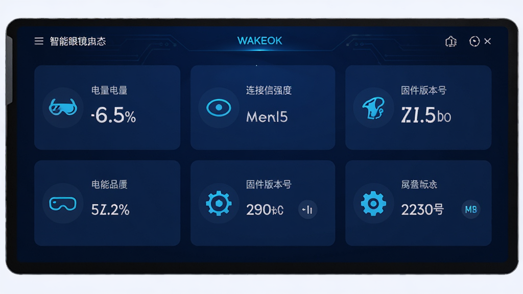 WAKEOK �豸״̬�����壬������ʾ�����۾��ĵ����ٷֱȡ������ź�ǿ�ȡ��̼��汾�ţ������������ɫ�������ݿ�Ƭʽ���֣�ͼ���࣬������ƫ�Ƽ��У����ʸɾ��޶���Ԫ��