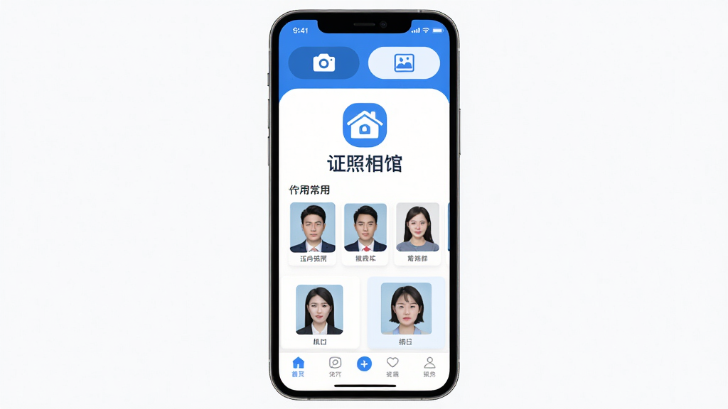 证件照相馆App主界面全貌展示,手机屏幕中央显示证件照相馆的Logo和名称,界面采用蓝白配色,顶部是拍照和相册导入两个大按钮,中间展示六种常用证件照尺寸模板预览图,底部导航栏清晰可见,背景干净简洁,UI风格现代扁平,细节圆润,画质清晰干净,无多余元素,整体呈现一款实用型手机证件照制作工具的全貌