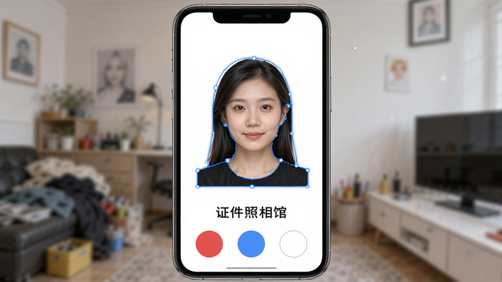 证件照相馆智能抠图功能演示界面,手机屏幕显示一张人物照片正在被自动抠图,人物轮廓边缘用蓝色线条高亮标出,背景正在从杂乱房间变为纯白色,屏幕下方有红、蓝、白三个颜色切换按钮,界面中央显示证件照相馆字样,整体风格干净清爽,画质清晰,无多余元素
