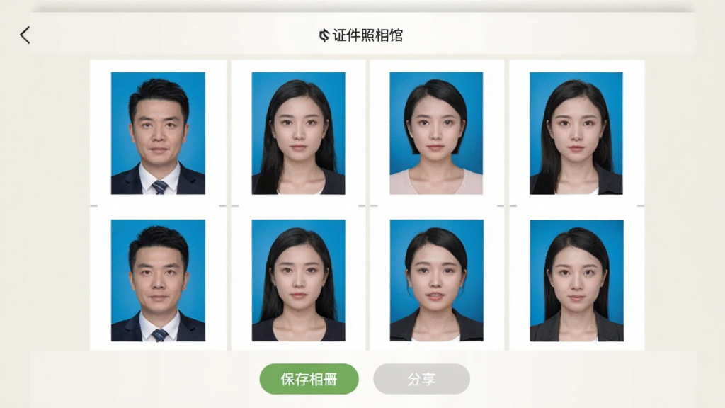 证件照相馆排版打印预览界面,手机屏幕显示一张六寸相纸版面上排列着八张一寸证件照,照片之间有均匀的白色间距,屏幕顶部显示证件照相馆,底部有保存到相册和分享两个按钮,背景为浅色,界面布局清晰,风格实用简洁,画质干净,无多余元素