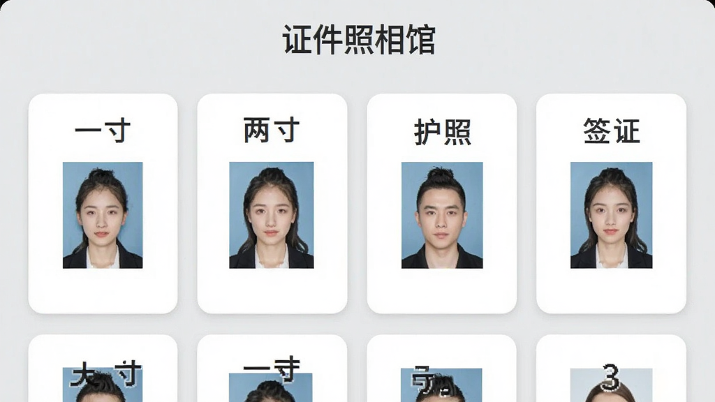 证件照相馆尺寸模板选择界面,手机屏幕上展示多个证件照尺寸选项卡片,卡片上标注着一寸、两寸、护照、签证、简历照等文字,每个卡片配有一个小尺寸的证件照缩略图,界面采用卡片式布局,背景为浅灰色,顶部显示证件照相馆,整体风格清晰易读,画质干净,无多余元素