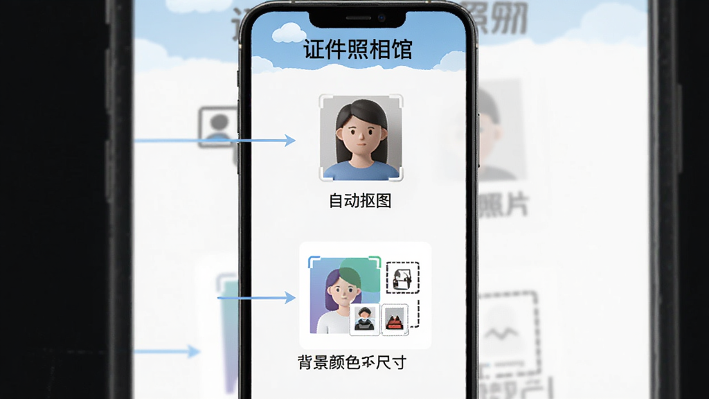 证件照相馆新手操作流程图解,手机屏幕竖向展示四个步骤,第一步选择照片,第二步自动抠图,第三步选择背景颜色和尺寸,第四步保存到相册,每个步骤配有简洁的图标和文字说明,界面顶部显示证件照相馆,整体风格清晰直观,画质干净,无多余元素