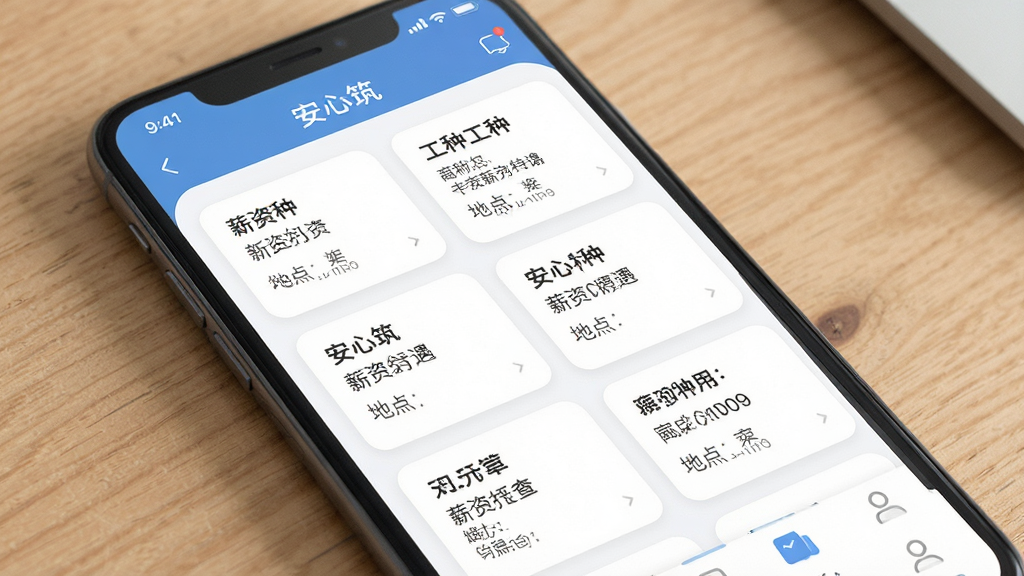 一张展示手机APP界面截图的图片,画面主体是一部智能手机,屏幕内显示“安心筑”APP的招工信息列表页,列表里清晰排列着不同工种的招工卡片,每张卡片上写着工种名称、薪资待遇和地点,排版整齐,风格现代扁平,细节圆润,画质干净,无多余元素