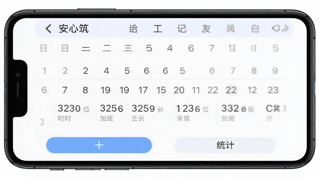 一张展示手机APP记工记账功能界面的图片,画面主体是一部手机,屏幕内显示“安心筑”APP的记工页面,界面上有日历视图,日期下方标注了工时和加班时长,底部有加号和统计按钮,布局清晰,风格简洁实用,画质干净,无多余元素