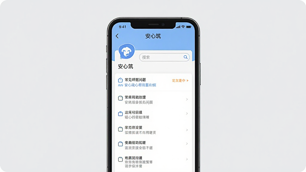 一张展示手机APP帮助中心或设置界面的图片,画面主体是一部手机,屏幕内显示“安心筑”APP的帮助页面,页面上有常见问题列表和搜索框,背景是浅灰色,风格简洁清晰,画质干净,无多余元素