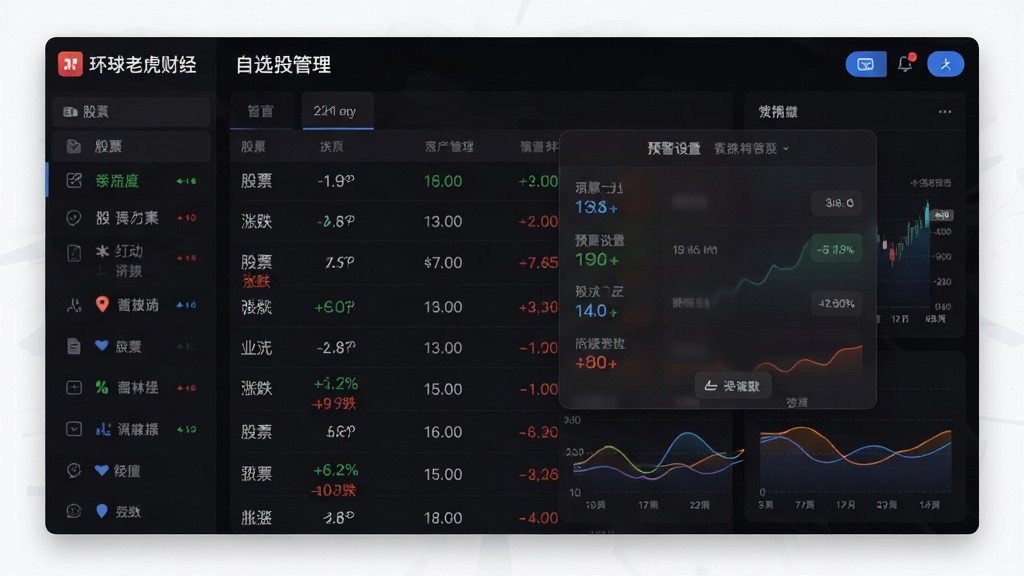 环球老虎财经 自选股管理界面 股票列表 涨跌颜色标注 预警设置弹窗 深色模式 数据可视化 布局清晰 画质干净 无多余元素