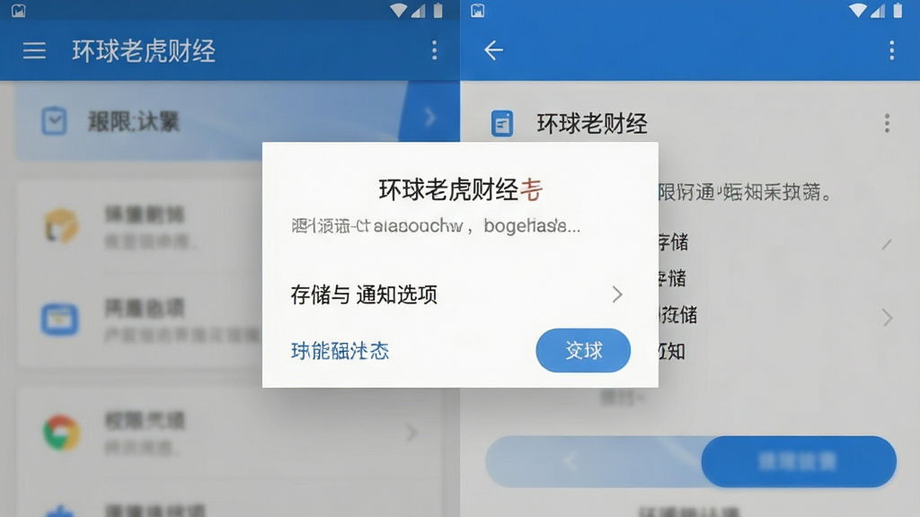 环球老虎财经 安卓手机安装界面 权限设置弹窗 存储与通知选项 简洁布局 蓝白配色 画质干净 无多余元素