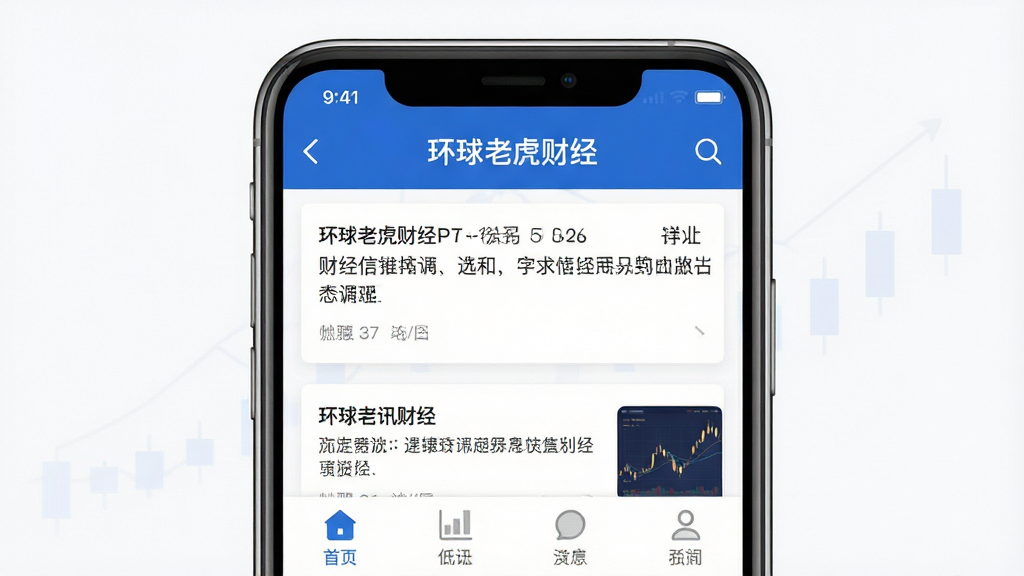 环球老虎财经 手机应用主界面 财经资讯信息流 顶部导航栏 底部功能选项卡 蓝白配色 简洁现代 扁平化设计 画质干净 无多余元素