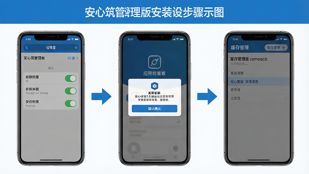 一张展示安心筑管理版安装设置步骤的示意图,画面分为三个区域,左侧显示手机设置中的权限开关界面,中间显示应用安装确认弹窗,右侧显示应用管理中的缓存清理界面,用箭头连接三个步骤,风格简洁明了,蓝白配色,画质清晰干净,无多余元素