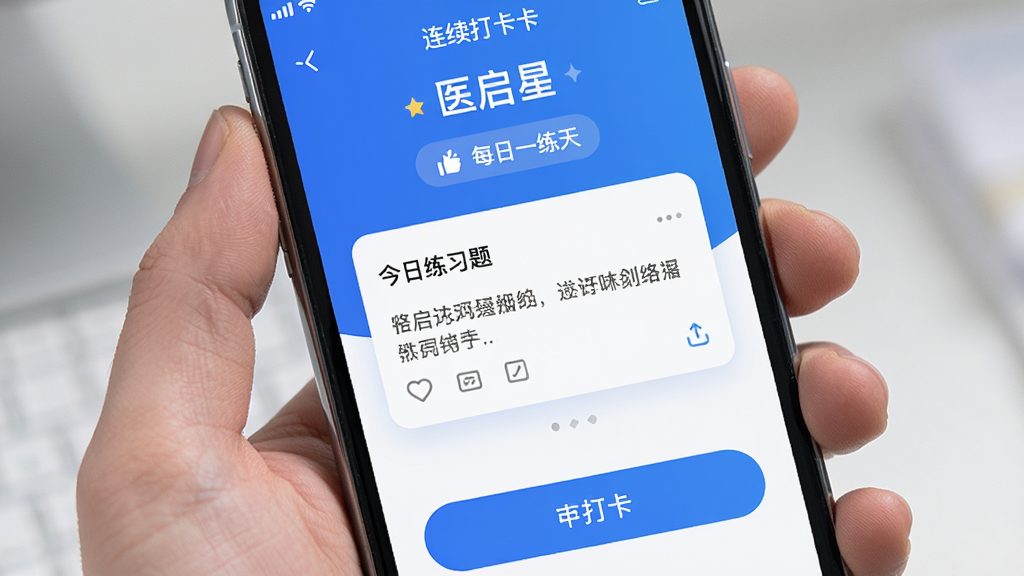 手机屏幕显示“医启星”每日一练打卡页面,顶部有连续打卡天数标识,中间是今日练习题卡片,底部有打卡按钮,界面清爽,蓝色主色调,画质清晰,无多余元素