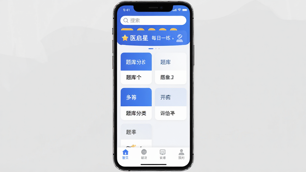 手机屏幕居中展示“医启星”APP主界面,顶部是搜索框和每日一练入口,中间是题库分类卡片,底部是四个导航选项卡,蓝白配色,界面干净简洁,扁平化设计风格,画质清晰,无多余元素