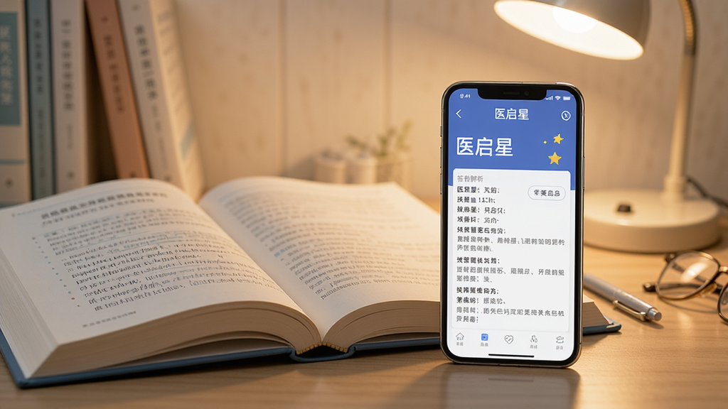 一本翻开的医学教材旁边放着一部手机,手机屏幕上显示“医启星”的刷题界面,题目下方有详细的答案解析,背景是书桌和台灯,温馨的学习氛围,画质干净,无多余元素