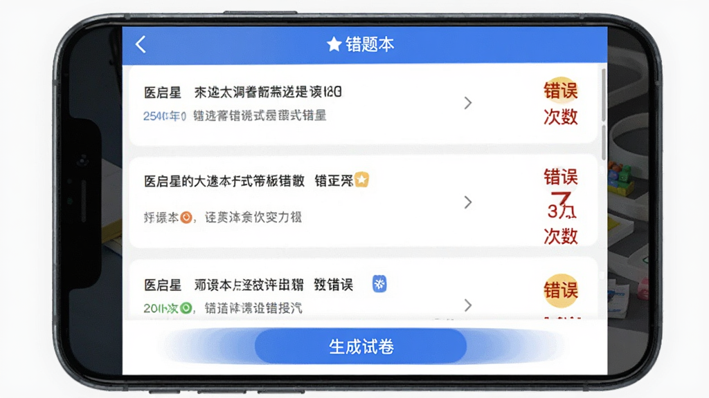 手机屏幕上显示“医启星”的错题本页面,列表中有多道错题,每道题旁边有错误次数标记,底部有生成试卷按钮,界面简洁明了,蓝白配色,画质干净,无多余元素