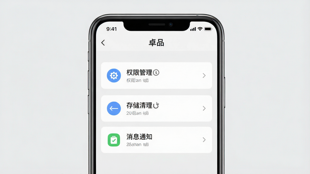 一张展示“卓品”移动端设置界面的示意图,画面中央是手机屏幕,屏幕上显示权限管理、存储清理和消息通知三个设置项,每个设置项旁边有对应的图标,背景是浅灰色,风格实用简洁,细节清晰,画质干净无多余元素