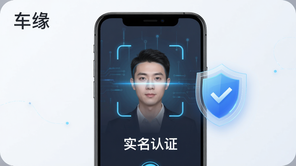 一张展示“车缘”软件实名认证流程的图片,画面是一个手机屏幕特写,屏幕上显示着人脸识别扫描的动画和“实名认证”字样,旁边有盾牌图标代表安全,风格科技感,画质干净,无多余元素