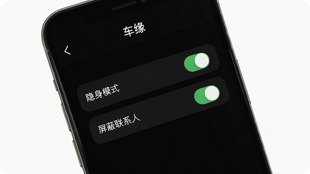 一张展示“车缘”软件隐私设置界面的图片,画面是一个手机屏幕,屏幕上显示着“隐身模式”和“屏蔽联系人”的选项开关,背景是深色模式,风格简洁,画质干净,无多余元素