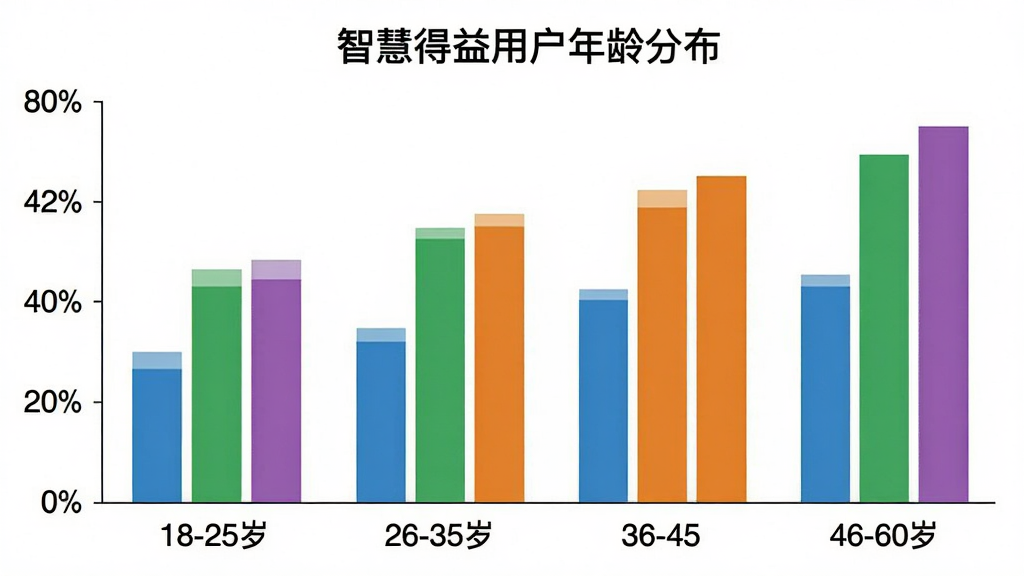 智慧得益用户年龄分布柱状图,画面展示一个清晰的柱状图,横轴标注18-25岁、26-35岁、36-45岁、46-60岁四个年龄段,纵轴为百分比,柱子颜色分别为蓝色、绿色、橙色、紫色,图表标题为智慧得益用户年龄分布,背景白色,风格商务简洁,画质干净无多余元素