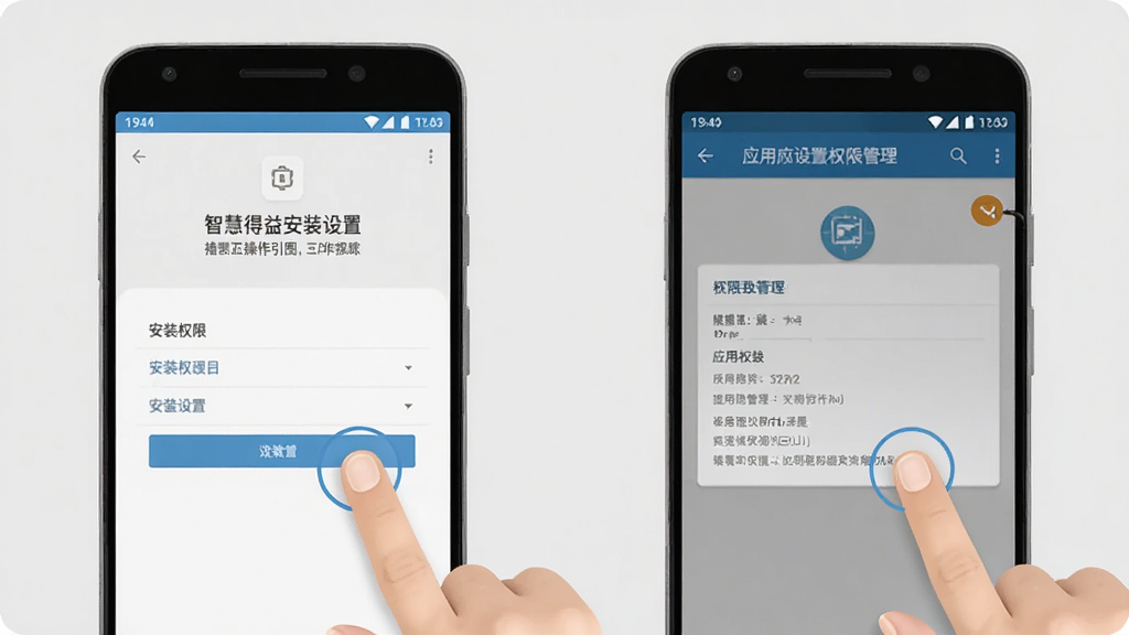 智慧得益安装设置操作指引图,画面展示一部安卓手机,屏幕上显示安装权限设置界面和应用权限管理页面,有手指点击操作的示意,背景是浅灰色,风格简洁教程风,画质干净无多余元素