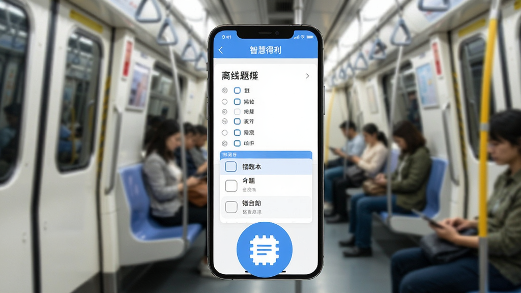 智慧得益离线题库练习场景图,画面展示一部手机屏幕显示智慧得益App的做题界面,有选择题选项和答题卡,手机下方有错题本图标,背景是地铁车厢环境,风格写实明亮,画质干净无多余元素