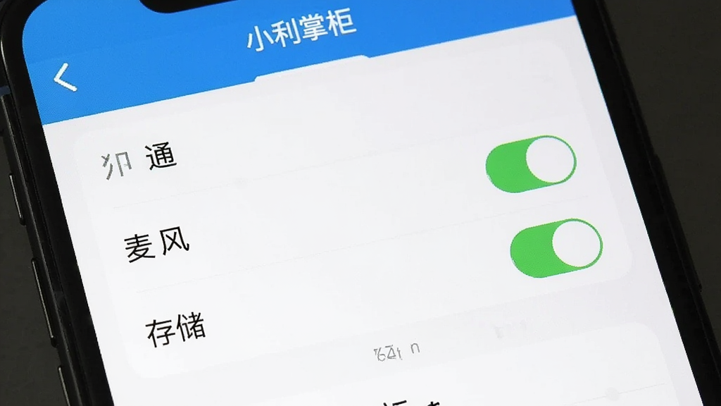 一张手机屏幕显示“小利掌柜”App权限设置页面的图片,画面中列出通知、麦克风、存储等权限开关,其中通知和麦克风开关处于打开状态,界面风格简洁,蓝白配色,画质清晰,无多余元素