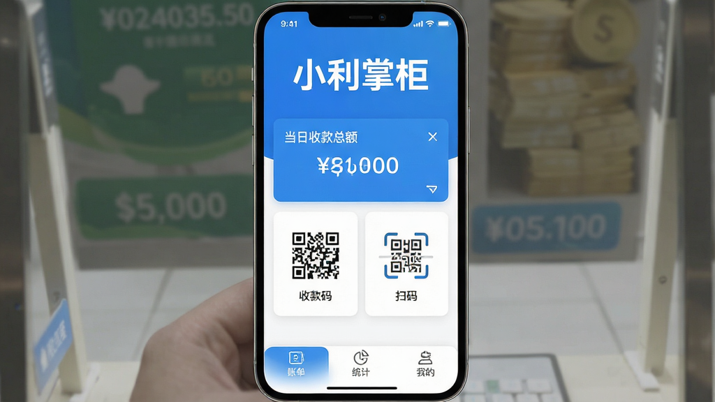 一张手机屏幕截图风格的图片,画面中央展示“小利掌柜”App的首页界面,顶部用大号蓝色字体显示“小利掌柜”字样,下方是当日收款总额的卡片,再下面是收款码和扫码图标,底部有账单、统计、我的三个选项卡,整体以蓝白配色为主,风格现代扁平,画质干净清晰,无多余元素