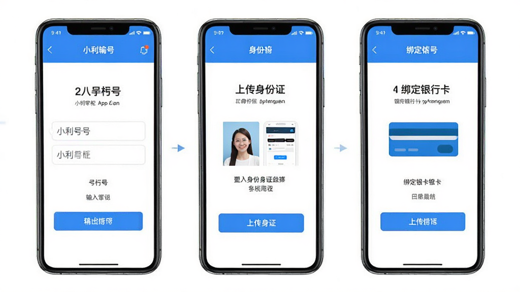 一张“小利掌柜”App注册流程示意图,画面展示手机屏幕上从输入手机号到上传身份证再到绑定银行卡的三个步骤界面,每一步都有清晰的按钮和提示文字,整体风格简洁明了,蓝白配色,画质干净,无多余元素