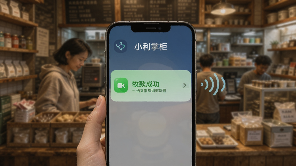 一张“小利掌柜”语音播报到账提醒的示意图,画面中手机屏幕弹出收款成功通知,旁边有声音波纹图标表示语音播报,背景是忙碌的小店场景,风格写实温馨,画质清晰,无多余元素