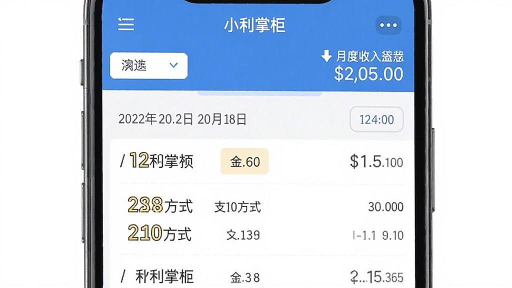 一张“小利掌柜”账单管理界面的手机截图风格图片,画面展示按日期排列的收款记录列表,每条记录显示金额、支付方式和时间,顶部有筛选按钮和月度收入汇总数字,整体以蓝白配色为主,风格简洁商务,画质干净,无多余元素