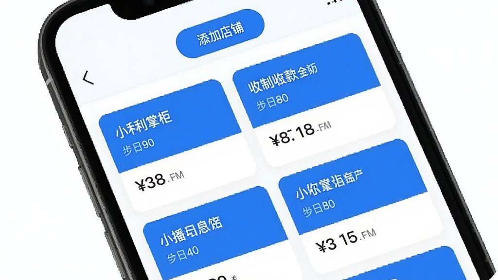 一张“小利掌柜”多店铺管理界面的图片,画面展示手机屏幕上并列排列着多个店铺卡片,每个卡片显示店铺名称和当日收款金额,顶部有添加店铺按钮,整体风格简洁清晰,蓝白配色,画质干净,无多余元素