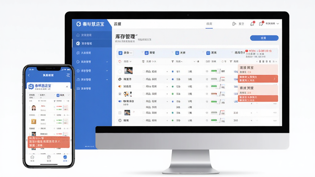秦丝慧店宝 库存管理界面 展示商品库存列表和预警提示 画面中有手机和电脑同步显示数据 风格商务简洁 蓝白灰配色 图标清晰 画质干净