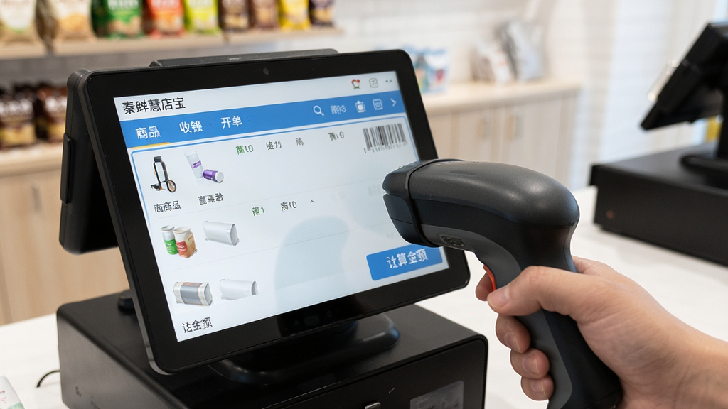 秦丝慧店宝 收银开单界面 手持扫码枪扫描商品条码 屏幕中显示商品列表和结算金额 背景为整洁的店铺柜台 风格写实 光线明亮 画质清晰 无杂乱物品