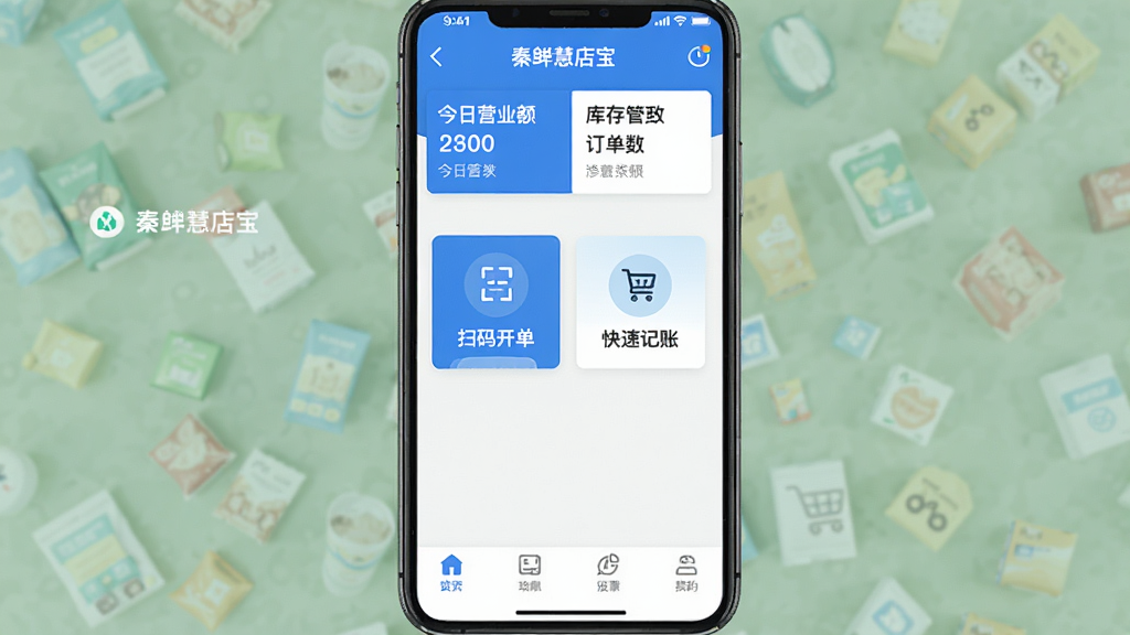 秦丝慧店宝 手机应用主界面 展示店铺开单、库存管理、经营报表等核心功能 布局为顶部显示今日营业额和订单数 中间是扫码开单和快速记账图标 底部是功能导航栏 风格现代简洁 蓝白配色 细节清晰 画质干净无多余元素