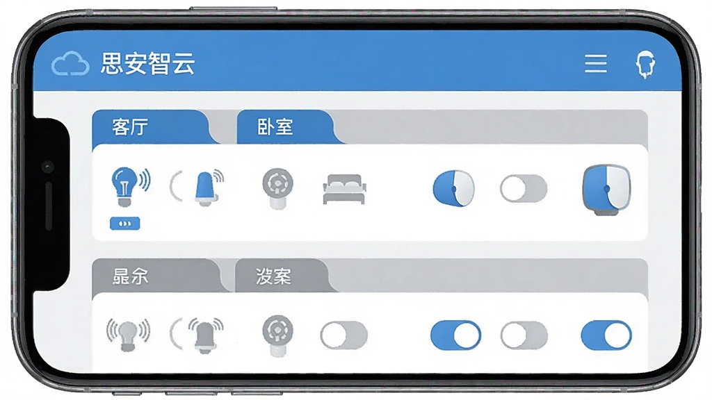 һ��չʾ��˼�����ơ��豸���������ͼƬ���������ֻ���Ļ����Ļ����ʾ���豸�����б����硰�������������ҡ��ȱ�ǩ��ÿ���������ж�Ӧ�������豸ͼ��Ϳ���״̬���������࣬����ɫ�ͻ�ɫΪ�����������룬����������������Ԫ��