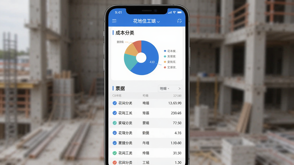 花间住工长端工地记账功能界面,手机屏幕显示成本分类饼图和票据列表,界面以蓝白配色为主,主体是手机,布局上下结构,上方是数据图表下方是明细列表,风格商务简洁,细节清晰,画质干净,无多余元素