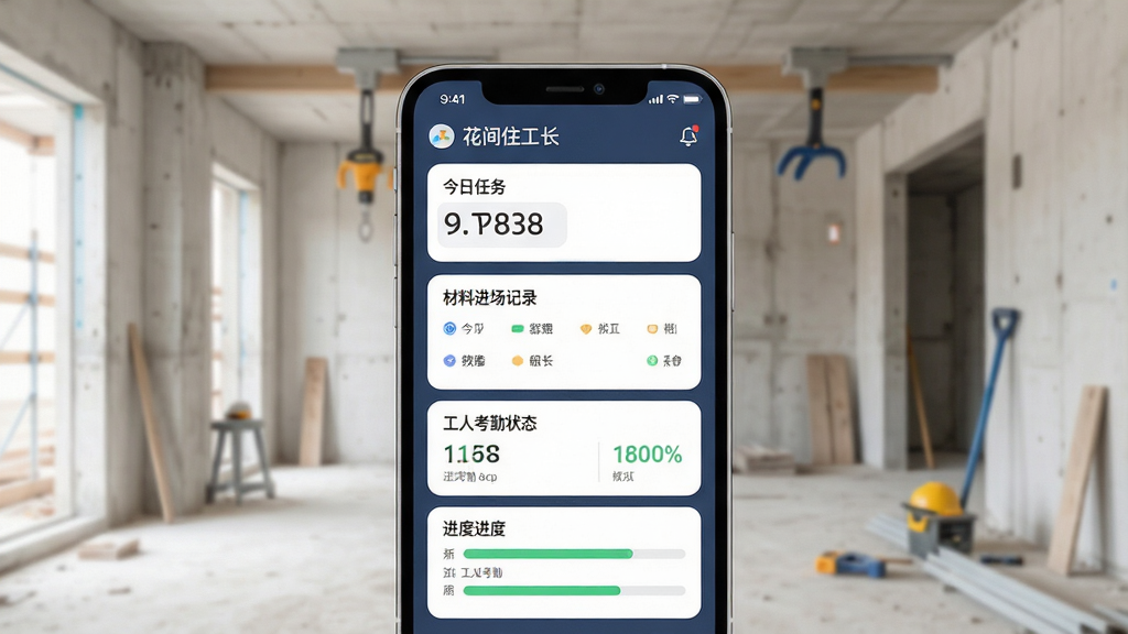 花间住工长端应用主界面展示,画面中央是一部智能手机,屏幕显示工地管理看板,包含今日任务卡片、材料进场记录、工人考勤状态和进度条,背景是简约的装修工地场景,主体突出手机屏幕内容,布局居中,排版清晰,风格现代扁平化,细节圆润,画质干净,无多余元素
