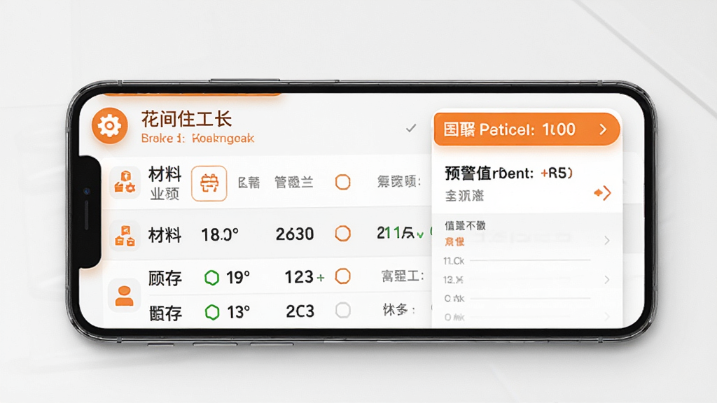 花间住工长端材料管理界面,手机屏幕显示材料库存列表和预警提示,界面以白色和橙色为主色调,主体是手机,布局清晰,排版整齐,风格实用工具类,细节图标明确,画质干净,无多余元素