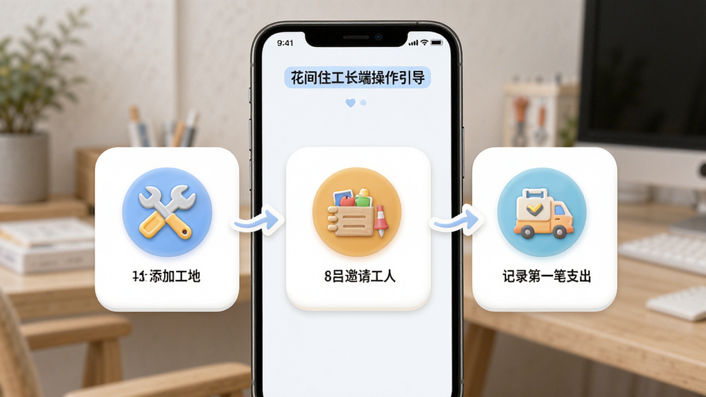 花间住工长端新手操作引导界面,手机屏幕显示分步教程卡片,包含添加工地、邀请工人、记录第一笔支出三个步骤图标,主体是手机,布局居中,排版清晰,风格友好引导式,细节图标圆润,画质干净,无多余元素