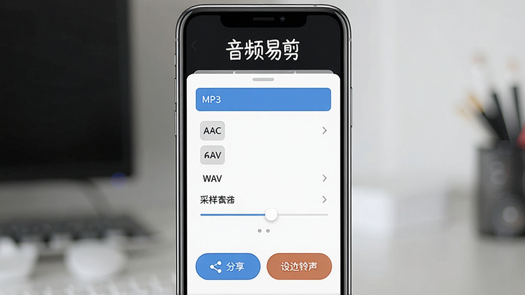 一张展示音频易剪多格式导出与分享功能的图片,画面主体是一部手机,屏幕内显示音频易剪的导出设置面板,面板上列出MP3、AAC、WAV等格式选项,旁边有比特率和采样率调节滑块,底部有分享按钮和设为铃声按钮,屏幕上方有音频易剪四个字,整体风格简洁现代,画质干净清晰,无多余元素