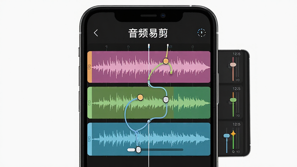 一张展示音频易剪音频拼接与混音功能的图片,画面主体是一部手机,屏幕内显示音频易剪的多轨道编辑界面,三条不同颜色的音频轨道上下排列,每条轨道上有波形和音量调节滑块,轨道之间用连接线表示拼接关系,屏幕上方有音频易剪四个字,整体风格简洁现代,画质干净清晰,无多余元素