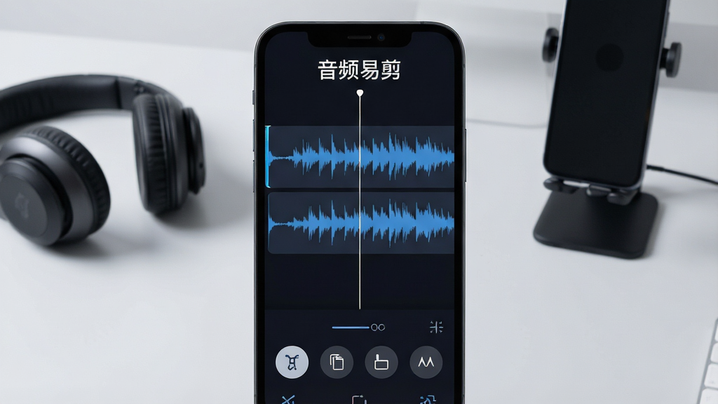 一张展示音频易剪软件核心全貌的图片,画面中央是手机屏幕,屏幕内显示音频易剪的波形编辑界面,蓝色波形在深色轨道上清晰可见,下方有剪切、复制、粘贴、淡入淡出等圆形功能按钮,屏幕上方有音频易剪四个字,背景是干净的浅灰色桌面,桌上放着耳机和手机支架,整体风格现代简约,画质干净清晰,无多余元素