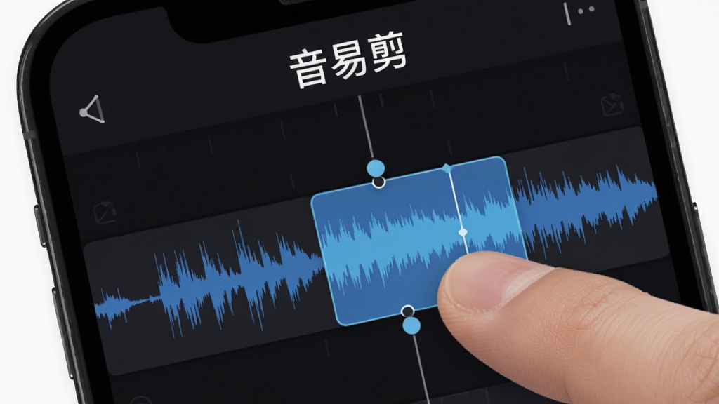 一张展示音频易剪精准波形剪辑功能的图片,画面主体是一部手机,屏幕内显示音频易剪的波形编辑界面,蓝色波形在深色轨道上清晰可见,手指正在拖动波形上的选区标记,被选中的区域呈现高亮色块,屏幕上方有音频易剪四个字,整体风格简洁现代,画质干净清晰,无多余元素