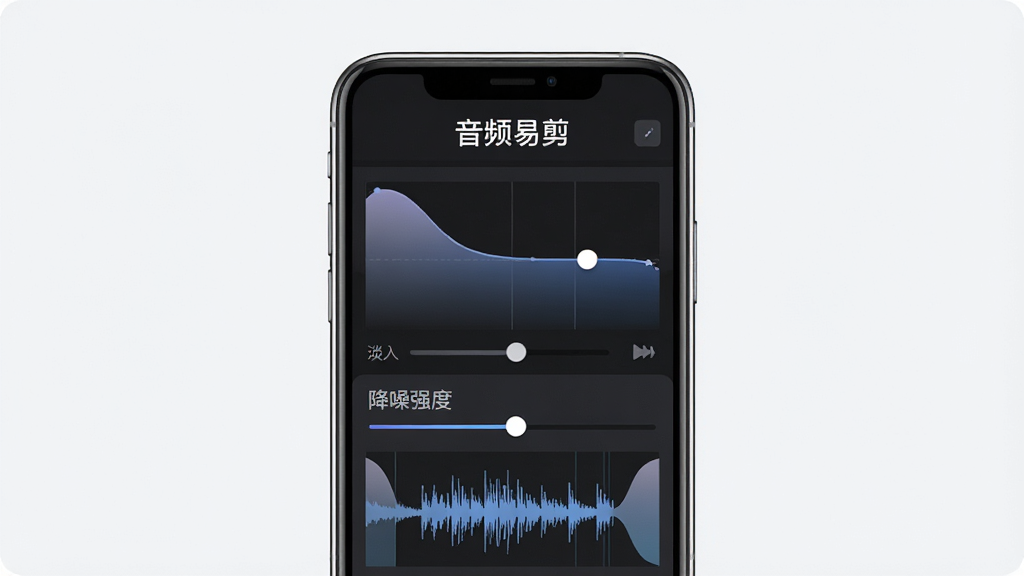 一张展示音频易剪淡入淡出与降噪功能的图片,画面主体是一部手机,屏幕内显示音频易剪的音频处理面板,面板上有淡入淡出曲线调节图和降噪强度滑块,波形图上显示开头和结尾处有平滑的渐变曲线,屏幕上方有音频易剪四个字,整体风格简洁现代,画质干净清晰,无多余元素