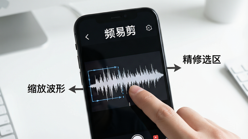 一张展示音频易剪使用技巧的图片,画面主体是一部手机,屏幕内显示音频易剪的编辑界面,画面中有一根手指正在双指缩放波形图,旁边有箭头标注“缩放波形”和“精修选区”,屏幕上方有音频易剪四个字,背景是干净的桌面,整体风格简洁现代,画质干净清晰,无多余元素