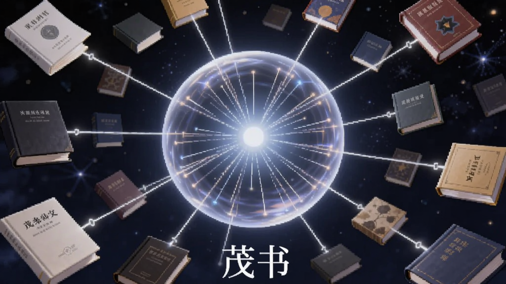 一个发光的球体位于画面中央,球体内部有无数条光线连接着周围漂浮的书籍封面,书籍封面风格各异,球体下方有“茂书”字样,背景是深邃的星空蓝,布局呈现放射状,风格科技感十足但不过分炫酷,细节上光线有微弱的渐变效果,画质干净无多余元素