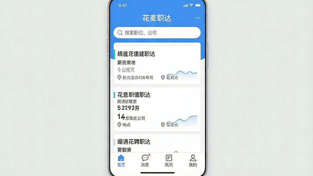 һ���ֻ�Ӧ�ý����ͼ�����������ǡ�����ְ�App����ҳ��������������д�š�����ְλ����˾�����м�չʾ�����Ƹ��λ��Ƭ��ÿ����Ƭ����ְλ���ơ�н�ʷ�Χ����˾���ƺ͵ص㣬�ײ��������С���ҳ������Ϣ�������������ҵġ��ĸ�ͼ�꣬��������ˬ��࣬������ɫ�����ʸɾ��������޶���Ԫ��