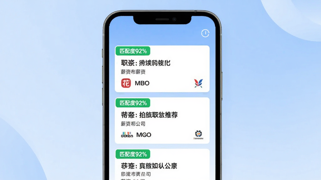 ����ְ��App�������Ƽ�ҳ�棬�ֻ���Ļ������ʾ�����λ��Ƭ��ÿ����Ƭ���Ͻ��С�ƥ���92%������ɫ��ǩ����Ƭ�ڰ���ְλ���ơ�н�ʡ���˾Logo�������ǵ���ɫ���䣬����ִ���ƽ���������������ʸɾ����޶���Ԫ��